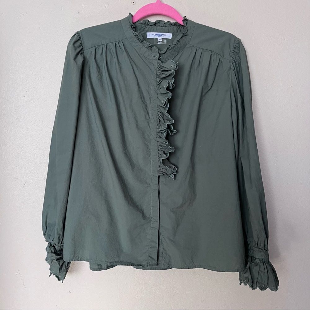 Gerard Darel Ruffled Embroidered Blouse in Olive Green